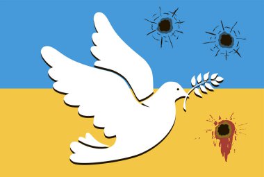 Uçan güvercin, Ukrayna bayrağında kurşun delikleriyle zeytin dalı tutuyor. Barış sembolü, savaş konsepti yok. Vektör şablonu 