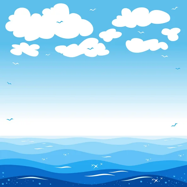 Błękitne Niebo Chmurami Sylwetkami Mew Nad Błękitnym Morzem Ilustracja Tło — Wektor stockowy
