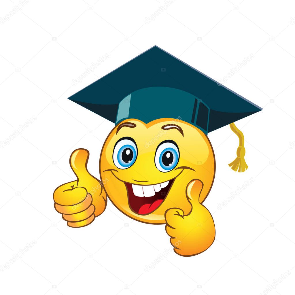 Funny positive emotion in school graduation cap. Vector on transparent background