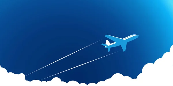 Letadlo Letí Modré Obloze Nad Mraky Zanechává Sebou Stopu Ilustrace — Stockový vektor