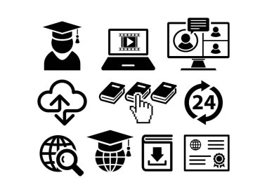 Uzaktan dijital öğrenme. Çevrimiçi eğitimle ilgili basit vektör çizgisi simgeleri kümesi.  