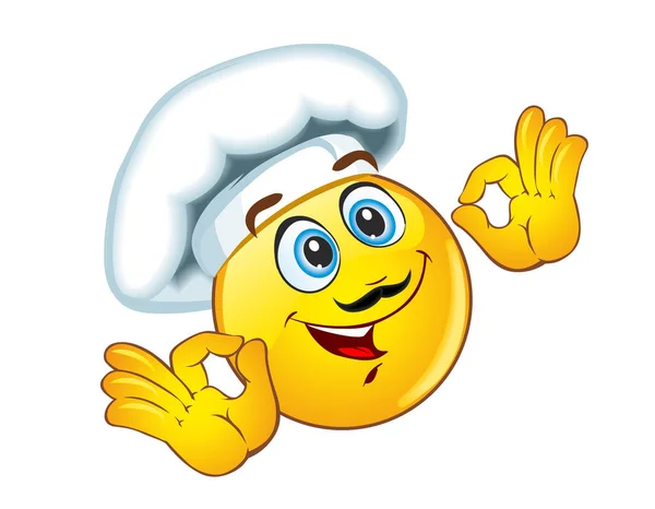 Fun Chef Emoji Com Chapéu Bigode Indica Comida Deliciosa Elemento — Vetor de Stock