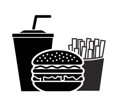 Fast food ve içecek ikonu. Hamburger, patates kızartması ve bir bardak içki. Şeffaf arkaplanda vektör