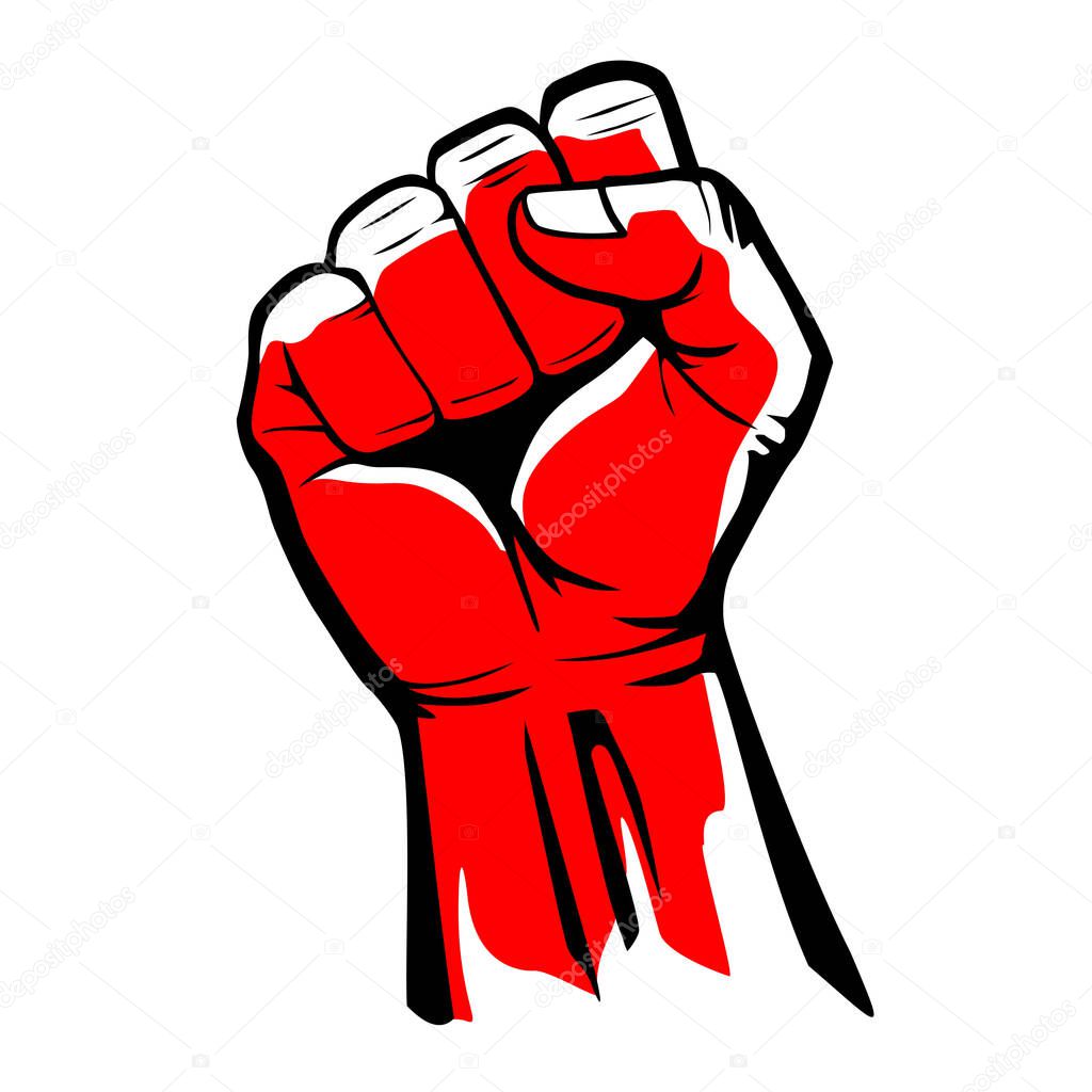 Red hand clenched fist. Symbol of revolutionary protest. Vector on transparent background