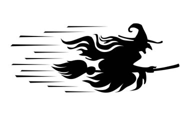 Halloween black element. Witch silhouette flying on broom. Vector on transparent background