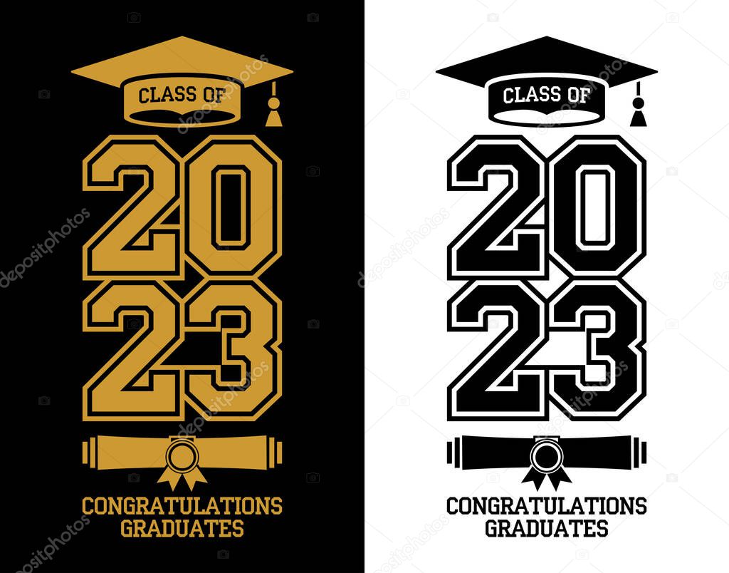 Lettering Class of 2023 for greeting card, invitation card. Text for graduation design, congratulation event, T-shirt, party, high school or college graduate. Vector on transparent and black background