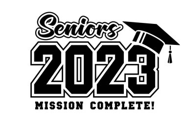 2023 sınıf mezunu - görev tamamlandı. Okul mezunlarını tebrik etme konsepti. Tişört, broşür, davetiye ve tebrik kartı için tasarım. Görüntü, vektör