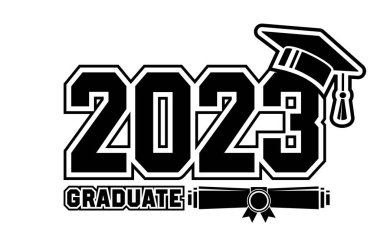 2023 sınıf mezunu - görev tamamlandı. Okul mezunlarını tebrik etme konsepti. Tişört, broşür, davetiye ve tebrik kartı için tasarım. Görüntü, vektör