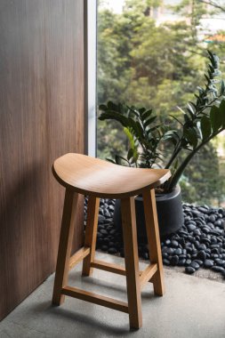 Wooden design seat with plant. High quality photo