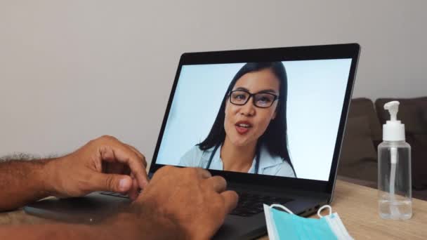 Doctor Having Distant Online Conversation Man Patient Thumb Sanitizer Mask — Stock video