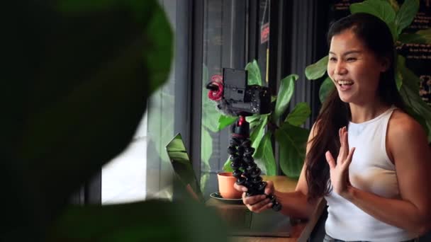 Smiling Influencer Blogger Woman Recording Vlog Social Media High Quality — Vídeo de Stock