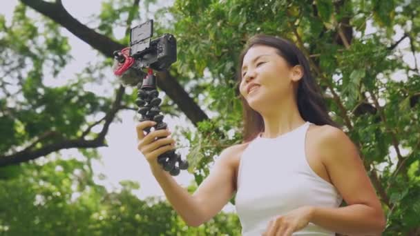 Smiling Woman Recording Video Camera Vlog Social Media High Quality — Wideo stockowe