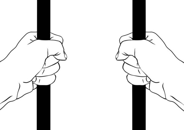 prisoner's hands closed on bars. Black and white vector drawing
