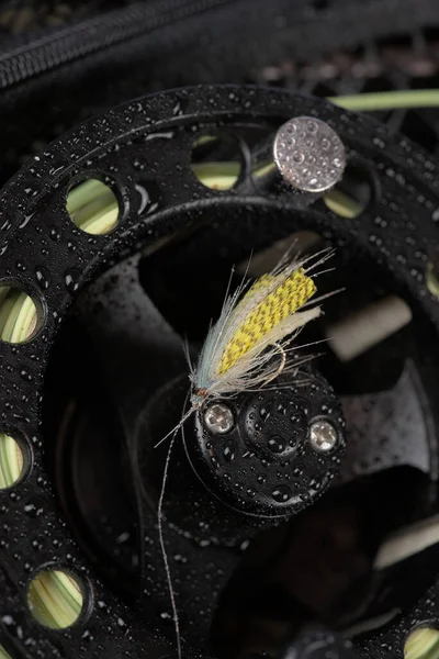 Fliegenfischen Rolle Und Gelb Kann Fliegen Imitation Makro — Stockfoto