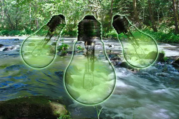 Ilustracja Energii Wodnej Zielony Kolor Rzeką Tle Żarówki Przejrzystości — Zdjęcie stockowe