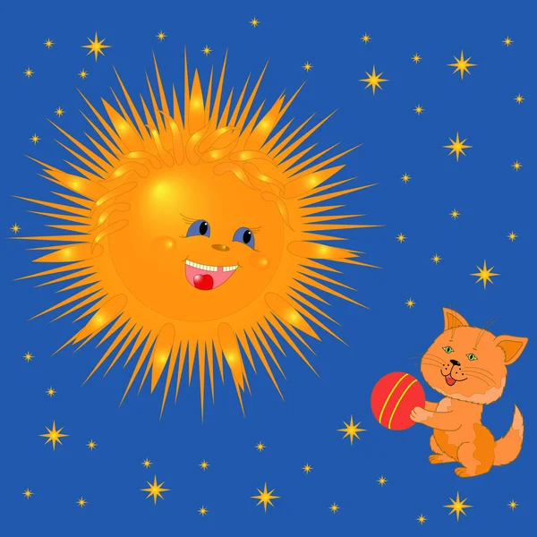 Ήλιος και γατάκι με μια μπάλα — Διανυσματικό Αρχείο