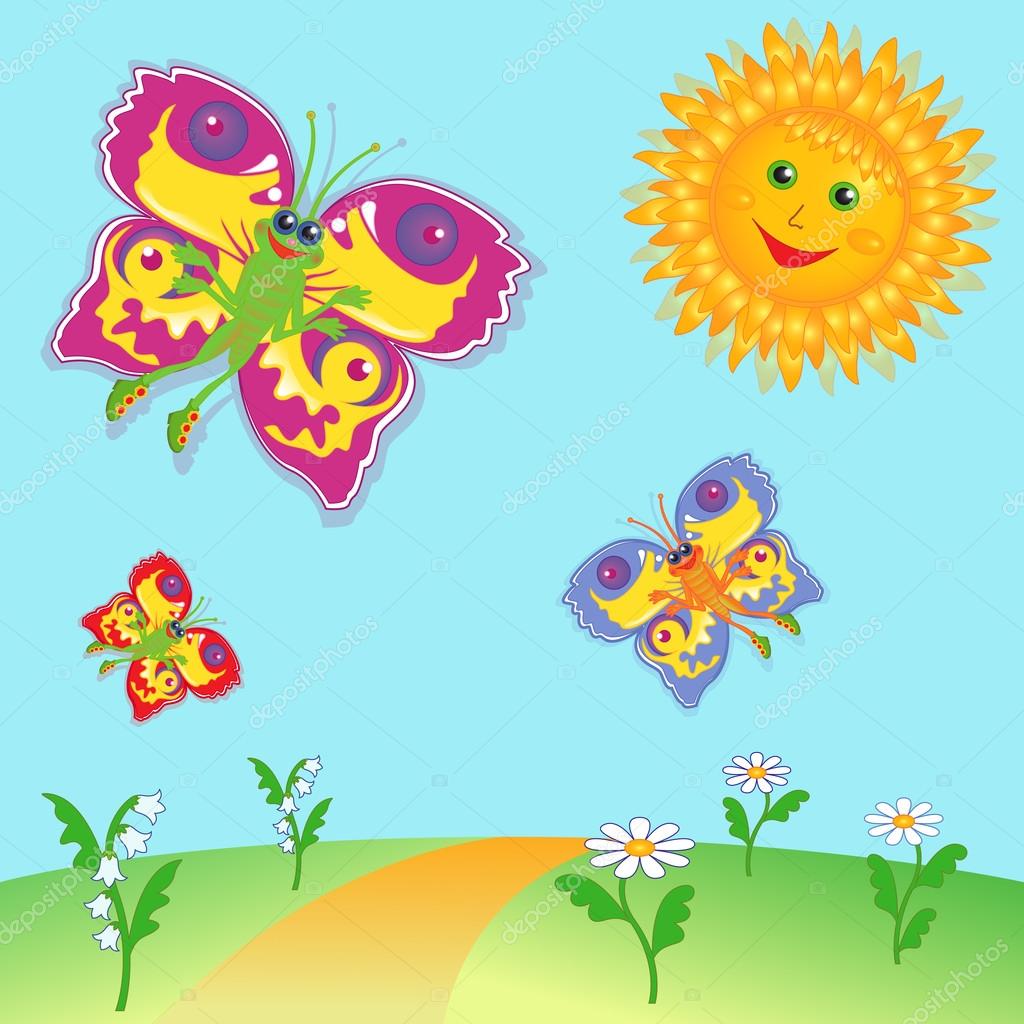 Farfalle di cartone colorato fata volando vicino a un sole sul prato illustrazione vettoriale di disegno a mano — Vettoriali di natreal