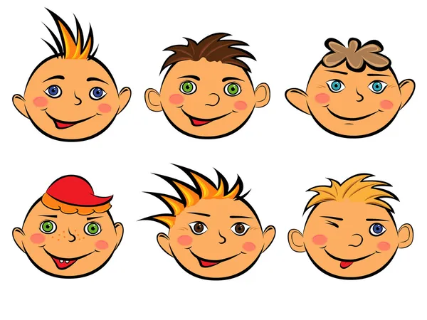 Set of six funny boys faces — Stock Vector