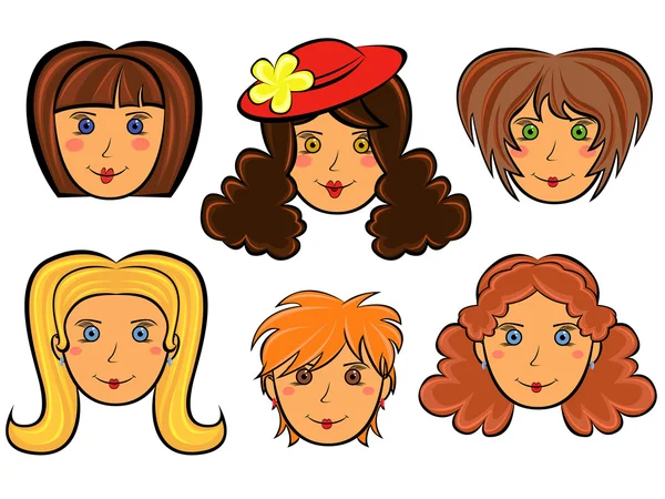 Ensemble de six visages de femmes dessin animé — Image vectorielle