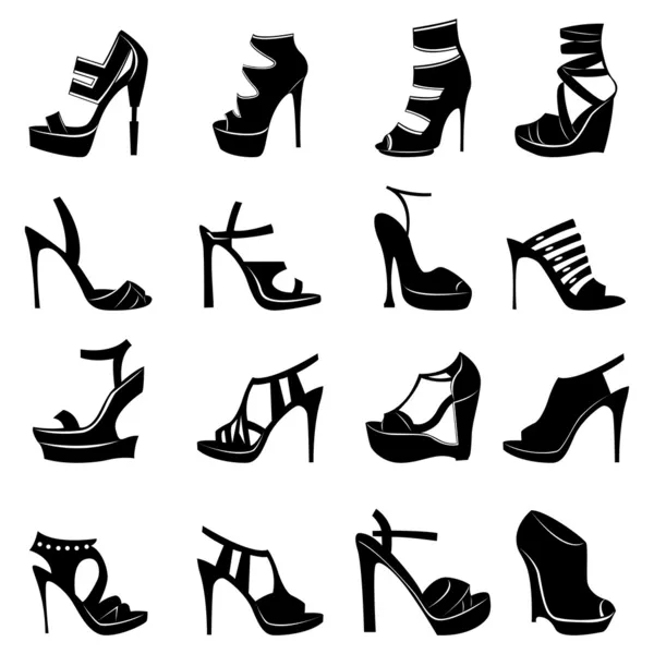 十六个各种时尚款式的妇女鞋类 — 图库矢量图片