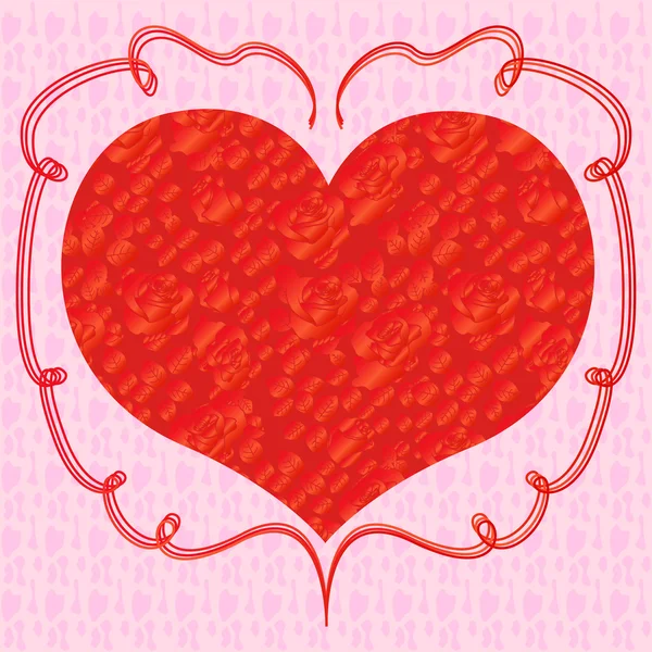 Corazón con rosas rojas sobre fondo rosa — Vector de stock