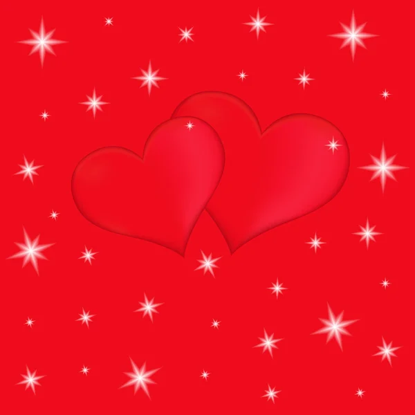 Dos corazones rojos sobre un fondo rojo con estrellas — Vector de stock