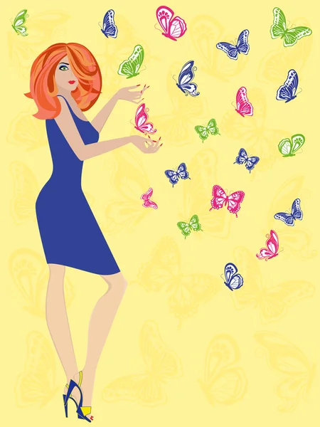 Mujer con mariposas — Vector de stock