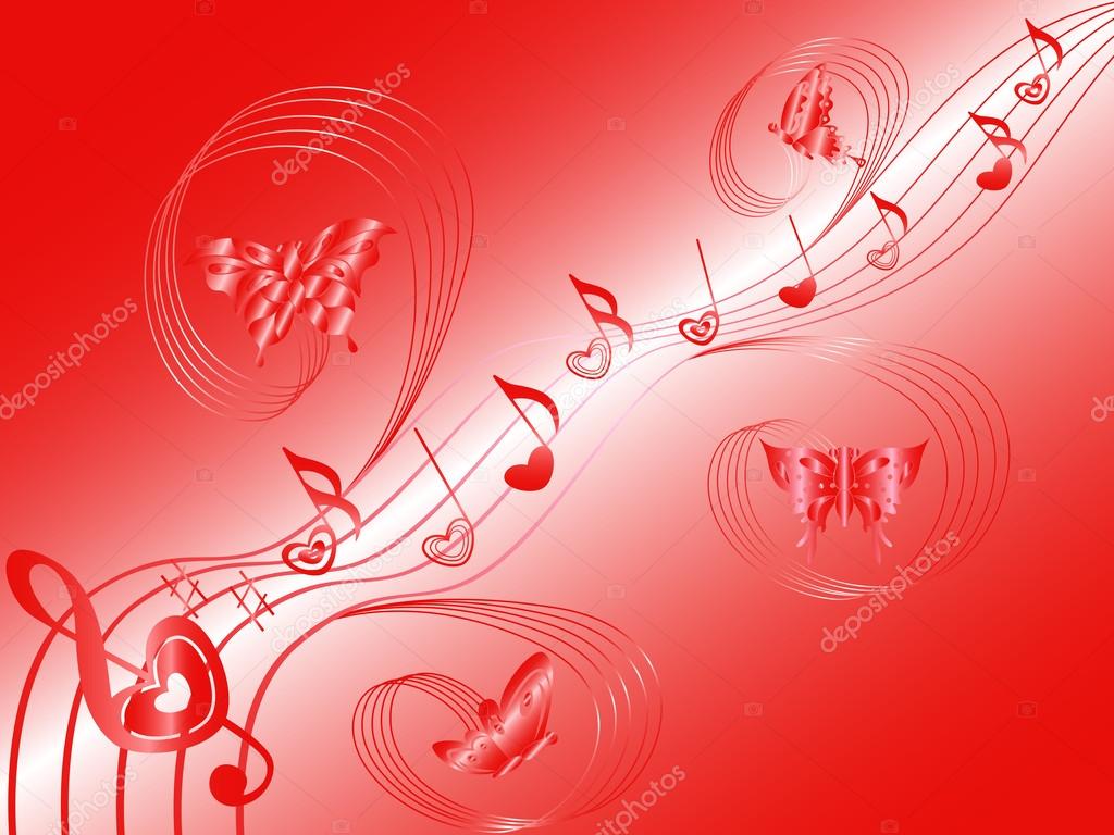 Varie note musicali con cuori sul pentagramma e farfalle che volano lungo mano Valentino disegno illustrazione vettoriale su sfondo rosso — Vettoriali di