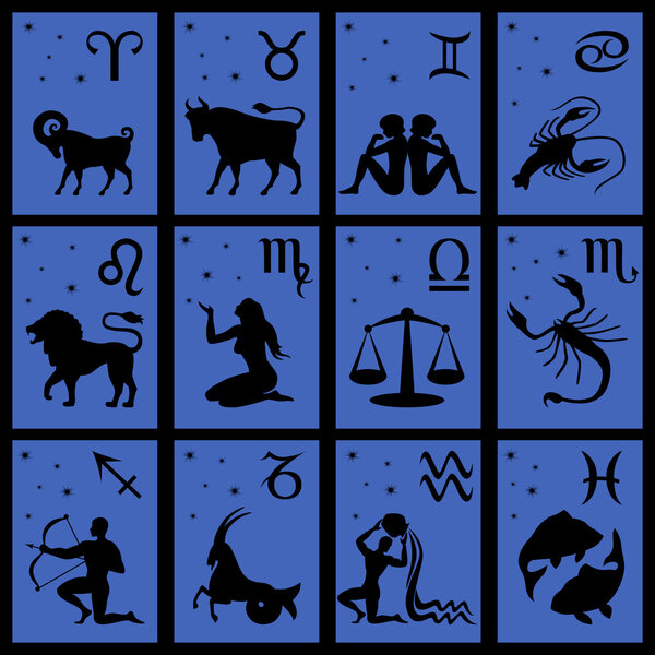 Twelve black silhouettes of Zodiac signs