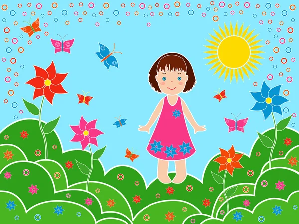 Güneşli bir yaz günü, çayırlar üzerinde küçük kız — Stok Vektör