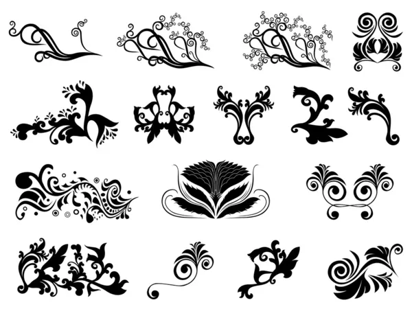 Set of black silhouettes of floral elements over white — Stock Vector