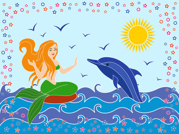 Дельфин и русалка в морских волнах
