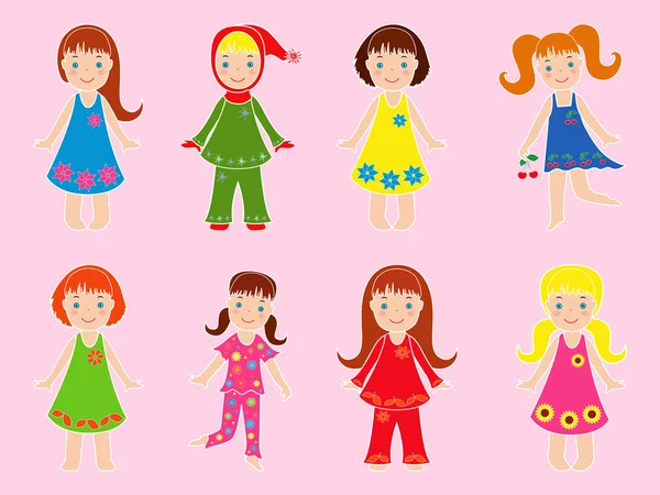 Åtta små flickor i olika plagg — Stock vektor