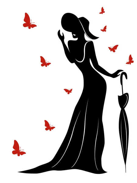 Damen i lång klänning och hatt med paraply — Stock vektor
