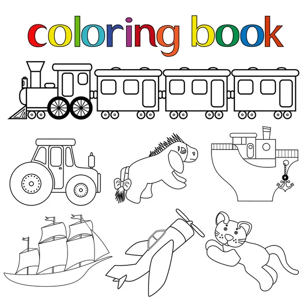 Conjunto de diferentes juguetes para colorear libro — Vector de stock