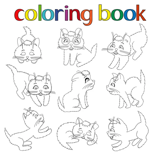 Conjunto de nueve gatitos juguetones para colorear libro — Vector de stock