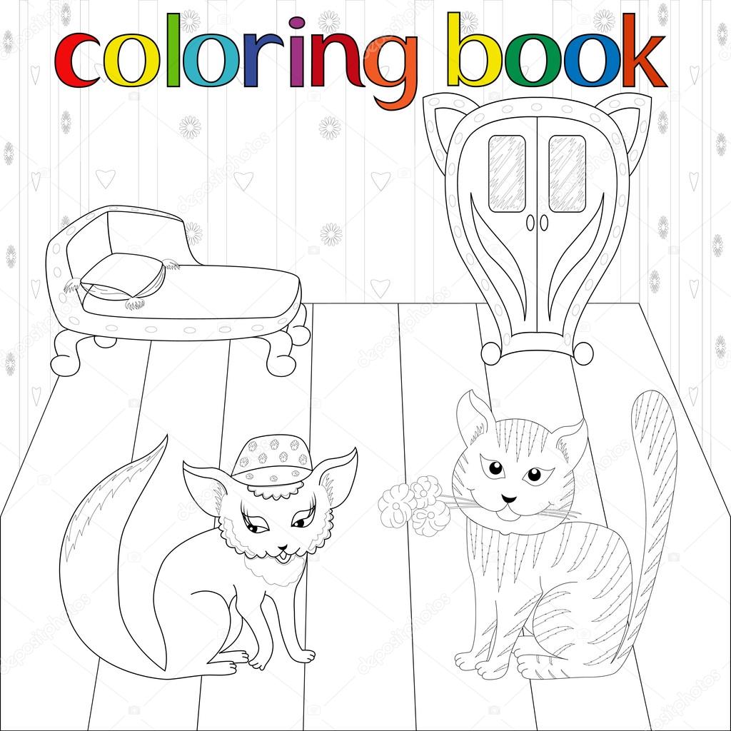 Cat and pussy in room for coloring book