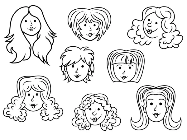 Ensemble de huit visages de contour de femmes de dessin animé — Image vectorielle