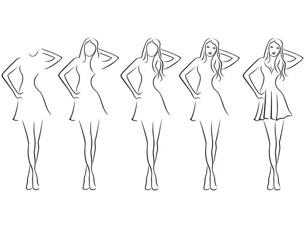Beautiful young women contour in drawing sequence — Stock Photo, Image