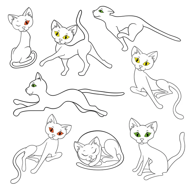 Osm kontury funny koček — Stockový vektor