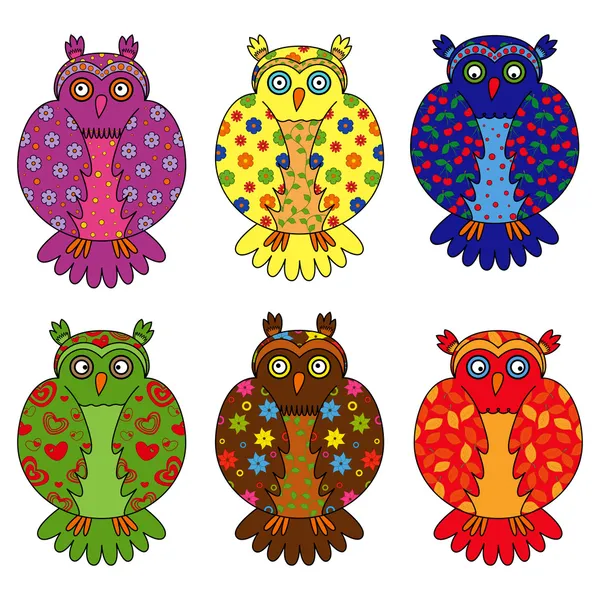 Set of six stylized owls — Stock Vector