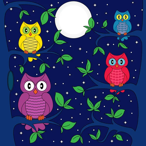 Owls in a moonlit night — Stock Vector