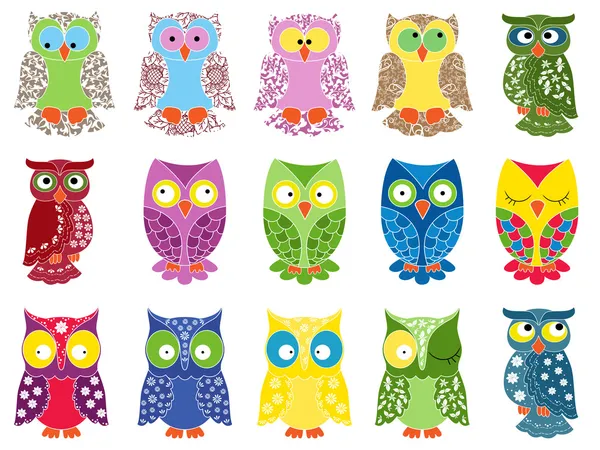 Set of fifteen colourful owls — Stock Vector