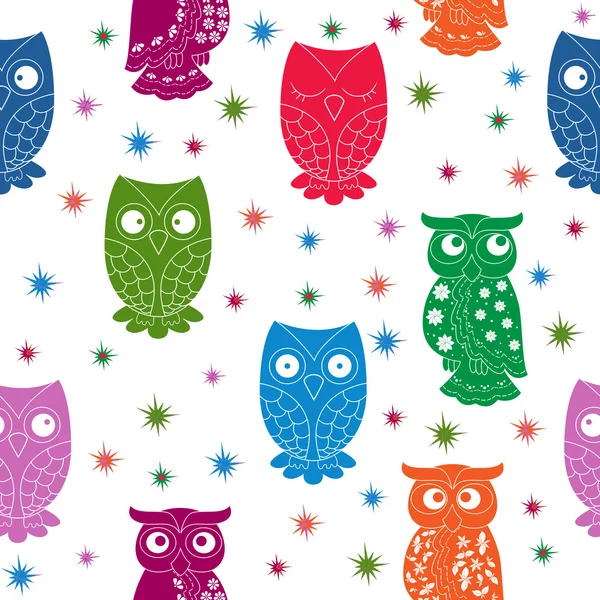 Multicolour owl and stars seamless pattern — Stock Vector