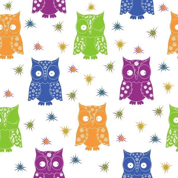 Colourful owl and stars seamless pattern — Stock Vector