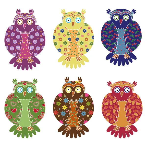 Set of six colourful funny owls over white — Stock Vector