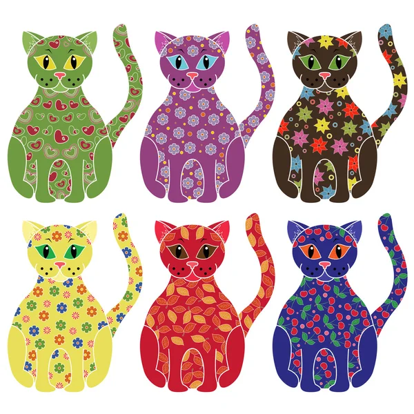 Ensemble de six chats drôles colorés sur blanc — Image vectorielle