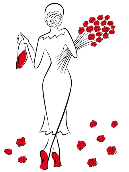 빨간 장미 꽃다발과 함께 아가씨가 — 스톡 벡터