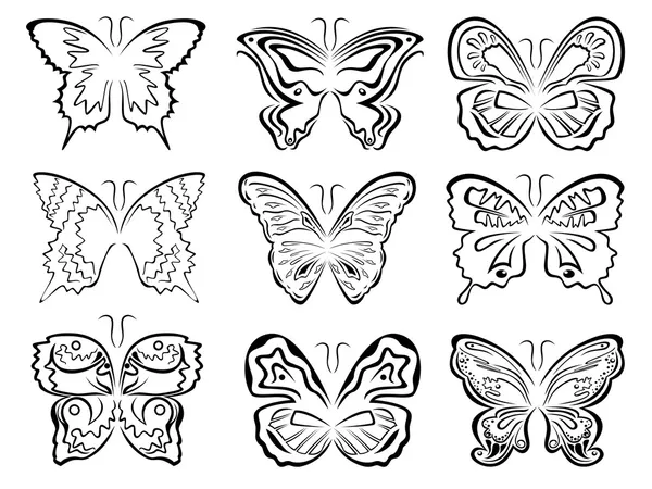 Set of six black butterflies contours over white — Stock Vector