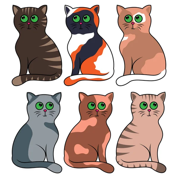 Sex Olika Tecknade Katter Isolerad Vit Bakgrund Färg Bild Husdjur — Stock vektor